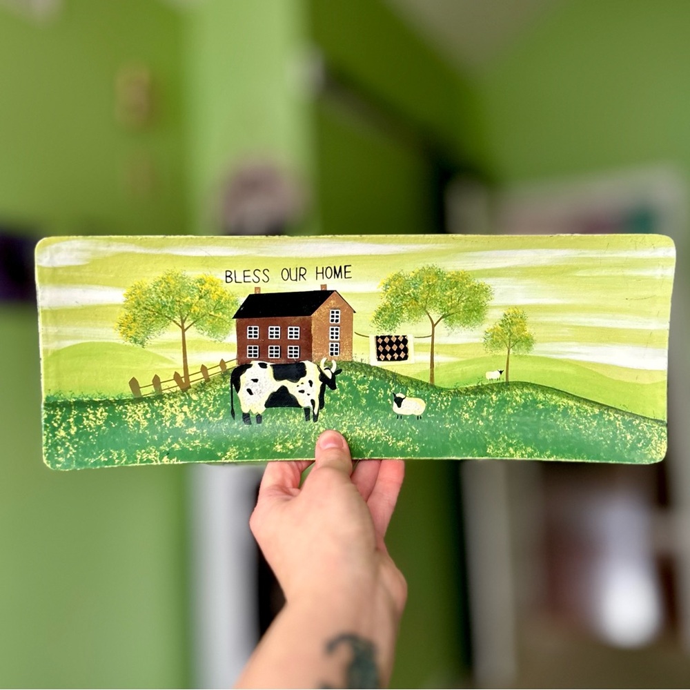 VTG Hand Painted Country Farm Land Cottagecore Cow Bless Our Home Wall Dish